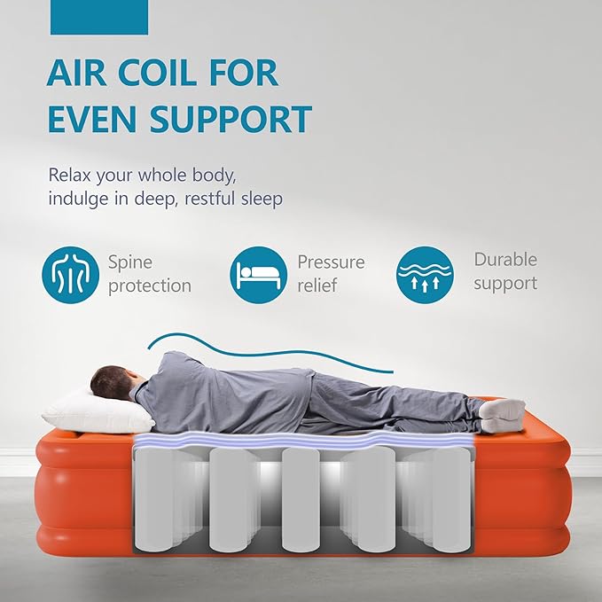 Air Mattress Twin with Built in Pump, 18" Foldable Blow Up Mattress, Portable Comfort Self Inflating Mattress with Flocked Top, Storage Bag for Camping, Home, Guests, Orange