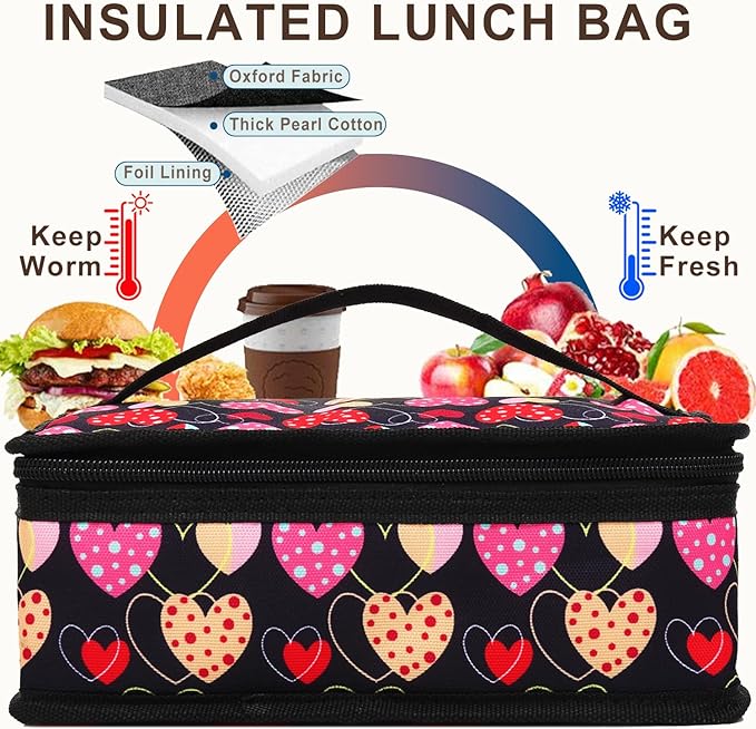 FlowFly Small Lunch box Insulated Soft Bag Mini Cooler Back to School Thermal Meal Tote Kit for Kids, Girls, Boys,Women,Men, Heart