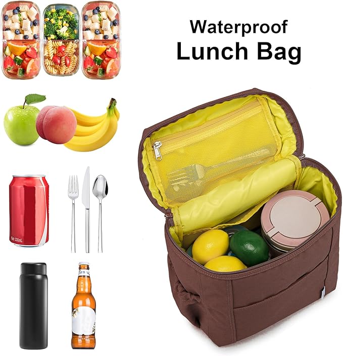 NOL Natural Organic Lifestyle Insulated Lunch Bags for Women Cooler Bag Lightweight Nylon Waterproof Lunch Box For Work (Coffee, Large)