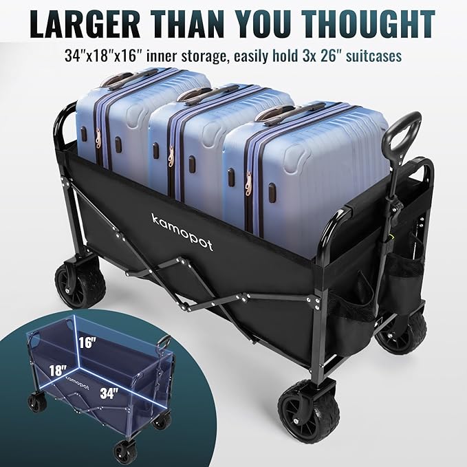 Large Collapsible Wagon Foldable for Grocery, Beach, Park, Yard, 34" x 18" Inner Storage. 300lb Heavy Duty Folding Utility Cart on Big Wheels, Durable w/Cupholders