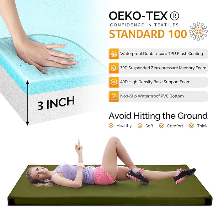 VINGLI 3 "Memory Foam Sleeping Pad Camping Mattress, Portable Floor Mattress Sleeping Mat Bed Roll Up for Guests Adult with Pillow & Phone Pocket