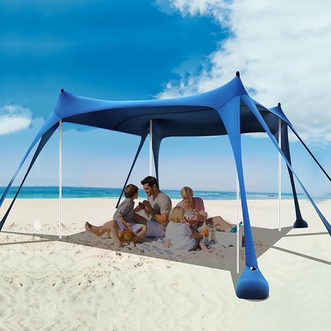 Beach Tent Sun Shelter, 10 x 10 FT Beach Canopy Tent Sun Shade Heavy Duty, UPF50+ Beach Tent Canopy with 8 Sandbags & 4 Stability Poles, Outdoor Beach Shade Canopy for Camping and Fishing, Blue