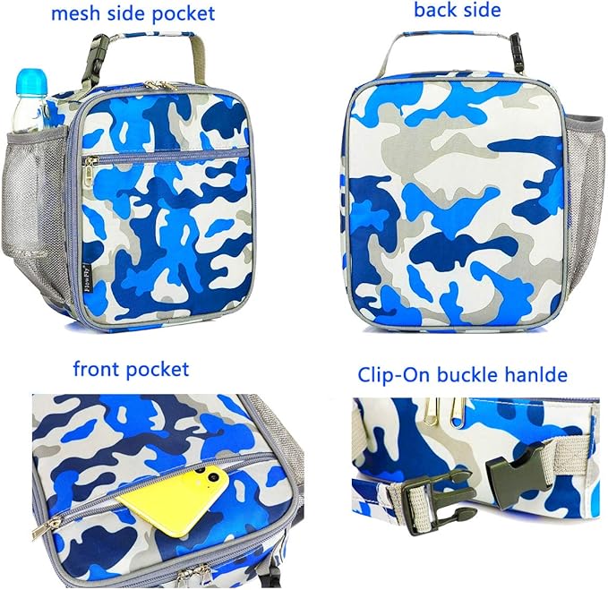 FlowFly Kids Lunch box Insulated Soft Bag Mini Cooler Back to School Thermal Meal Tote Kit for Girls, Boys, Camo