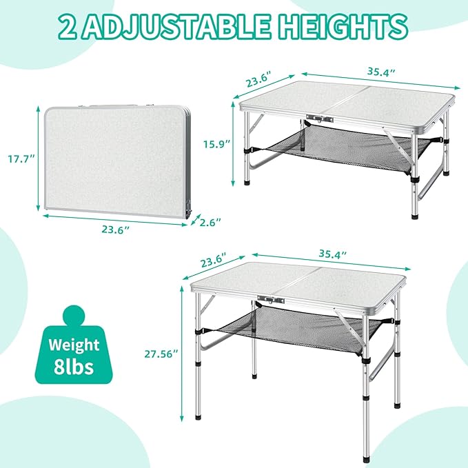 Folding Camping Table 3FT, 2 Heights Adjustable Portable Camping Table, 36" L x 24" W x 28" H Aluminum Picnic Table with Mesh Layer, for Outdoor Indoor Balcony Camp Picnic Beach BBQ (Medium)