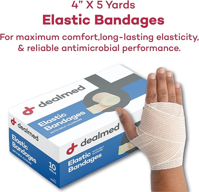 Dealmed 4" Elastic Bandage Wrap with Self-Closure – 10 Elastic Bandages, 5 Yards Stretched Compression Bandage Wrap, Wound Care Product for First Aid Kit and Medical Facilities