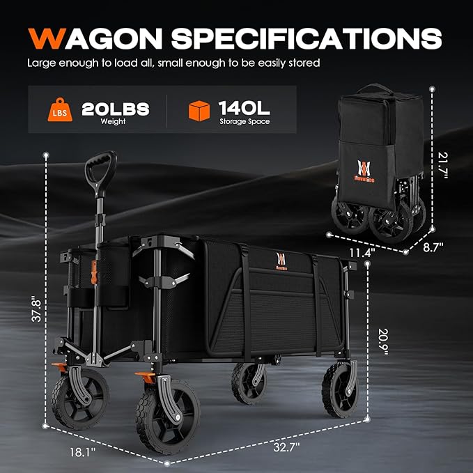 Navatiee 140L Collapsible Foldable Wagon with Wheels, Large Capacity Foldding Wagon Cart with Side Pocket and Brakes, Grocery Shopping Cart for Garden Outdoor Use, Black