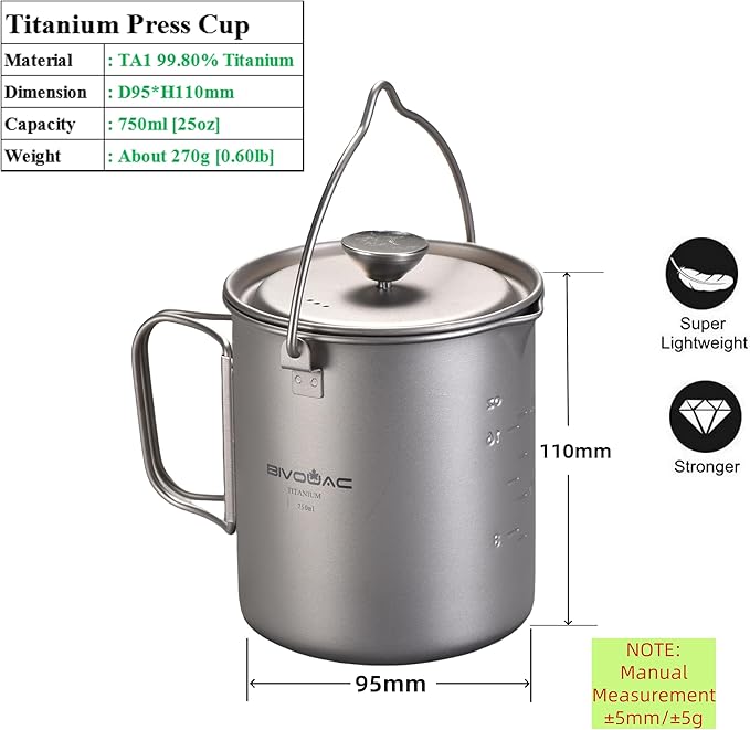 BIVOUAC 750ml Titanium Cup Camping Press Coffee Pot Outdoor French Press Pot Camping Cup 750ml Titanium Coffee Cup