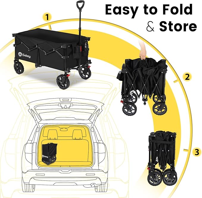 Sekey 330lbs Collapsible Foldable Wagon with Weight Capacity, Heavy Duty Folding Wagon Cart with Big All-Terrain Wheels & Drink Holders. Black