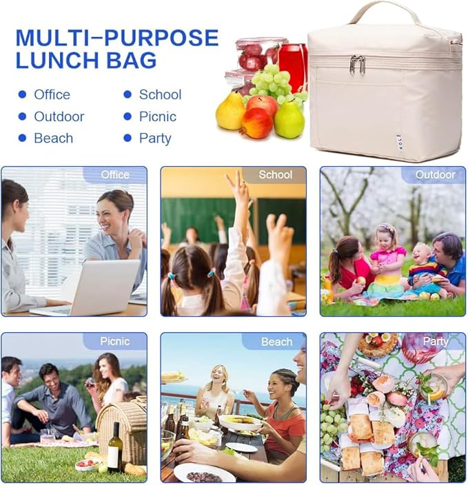 NOL Natural Organic Lifestyle Insulated Lunch Bags for Women Cooler Bag Lightweight Nylon Waterproof Lunch Box For Work (Small, Cream)