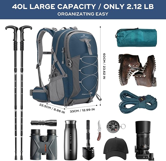 Maelstrom Hiking Backpack,Camping Backpack,40L Waterproof Hiking Daypack with Rain Cover,Lightweight Travel Backpack,Blue