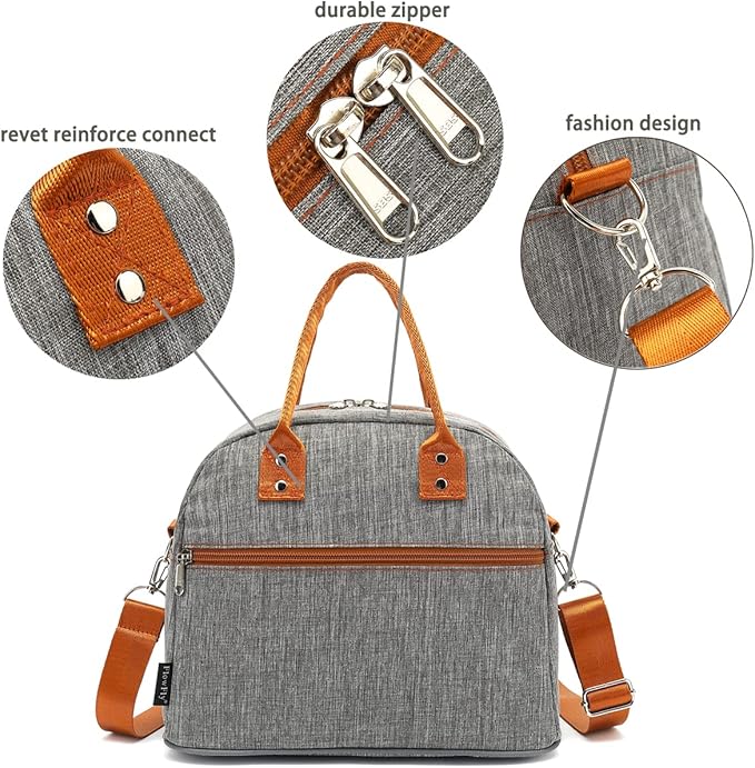 FlowFly Insulated Lunch Bag With Shoulder Strap for Women, Men, and Kids, Large and Reusable, Handle, Freezable Work and School Travel Tote and Meal Prep Organizer,Grey