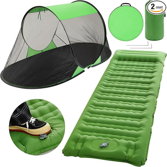 Pop up Mosquito Net Tent and Camping Sleeping Pad Set Instant Pop up Screen Tent Inflatable Sleeping Pad with Pillow Built or Camping Backpacking Hiking Traveling
