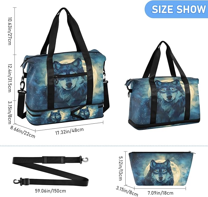 Wolf Moon Night Travel Duffel Bag Waterproof Gym Sport Tote Bag Carry On Weekender Bag with Compartment