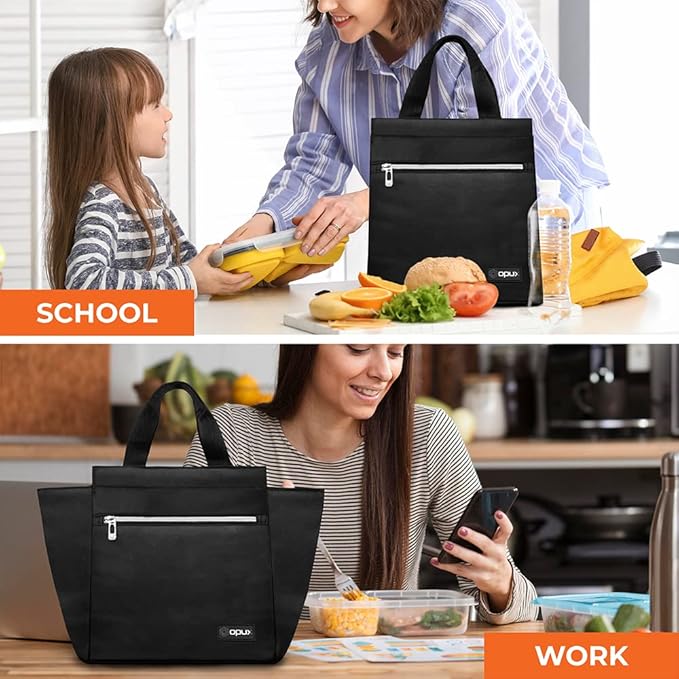 opux Lunch Bag for Women, Insulated Lunch Box Tote for Girls Kids Adult School Work, Reusable Womens Lunch Tote for Office Travel, Cute Small Lunch Tote, Fits 12 Cans - Black