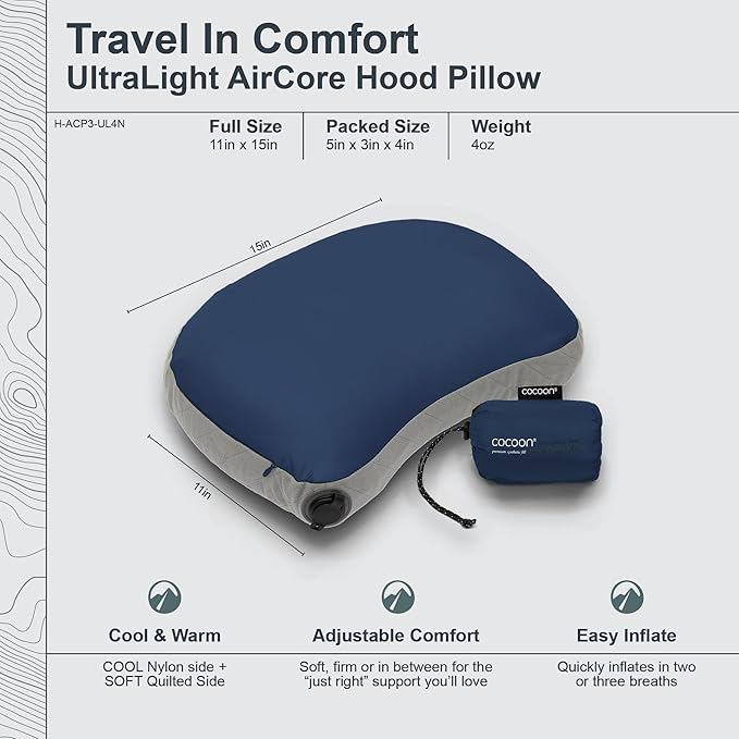 COCOON- Premium - Ultralight Inflatable AirCore Shaped Pillow - Washable Travel Air Pillows for Camping, Hiking, Backpacking (Regular 11" x 15")