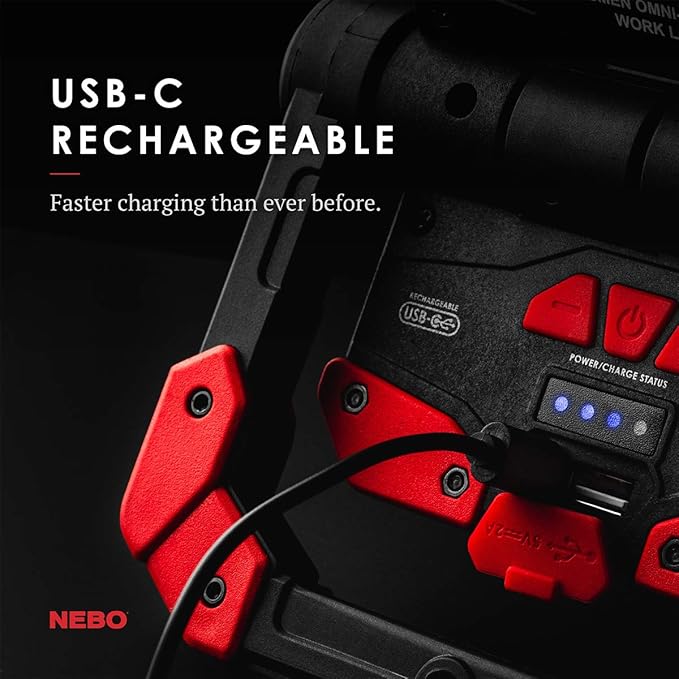 NEBO OMNI 2K Rechargeable Work Light | 2000 Lumens COB, 6 Light Modes, Rotating Magnetic Handles, Built-In Power Bank, Water Resistant, Portable Camping Lantern, Includes USB-C Charging Cable