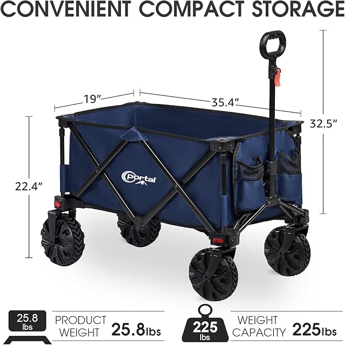 PORTAL Collapsible Folding Utility Wagon, Foldable Wagon Carts Heavy Duty, Large Capacity Beach Wagon with All Terrain Wheels, Outdoor Portable for Camping, Garden, Shopping, Groceries,