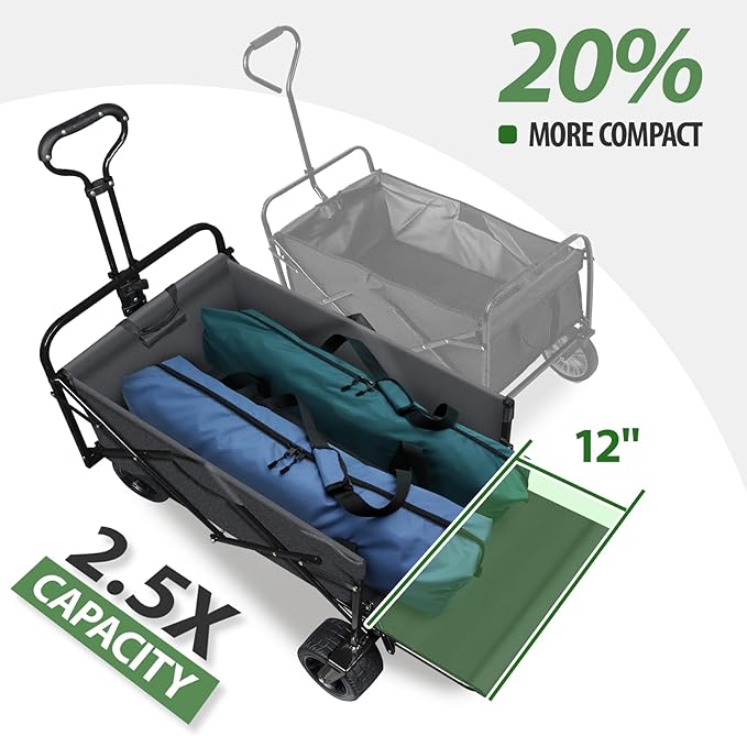 TAIFA Foldable Collapsible Wagons Cart with Extra Long Tailgate, Beach Portable Utility Wagon with Big Wheels and Brakes for Sand Shopping Camping Sports Outdoor, Black and Gray