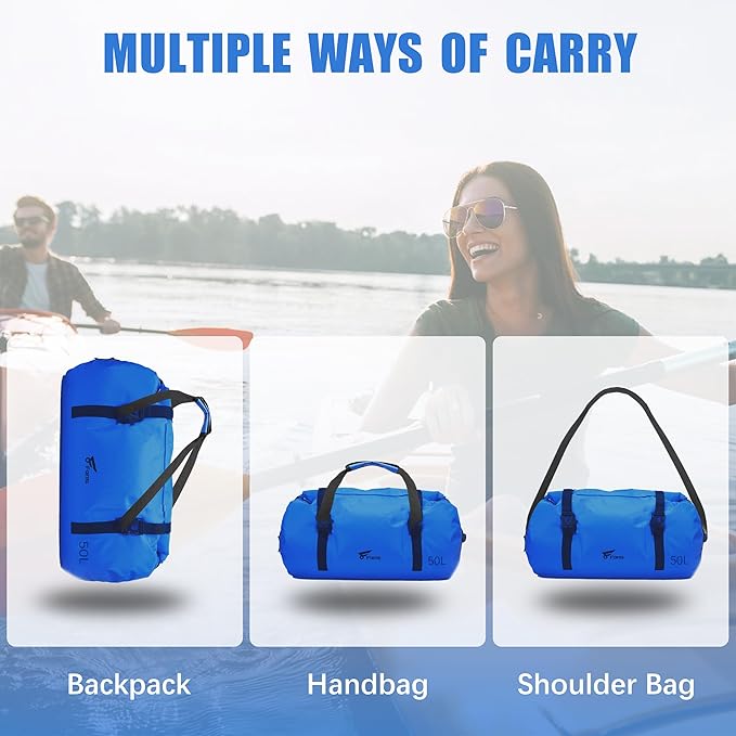 8 Fans Extra Large Waterproof Duffle Bag,Heavy Duty Travel Dry Bag with Durable Straps & Handles, Ideal for Kayaking,Paddleboarding,Boating,Rafting,and Fishing (Blue, 50L)