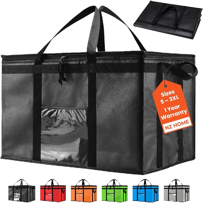 NZ home Insulated Cooler Bag and Food Warmer (3XL, 10-Pack) for Delivery & Grocery Shopping with Zippered Top, Black
