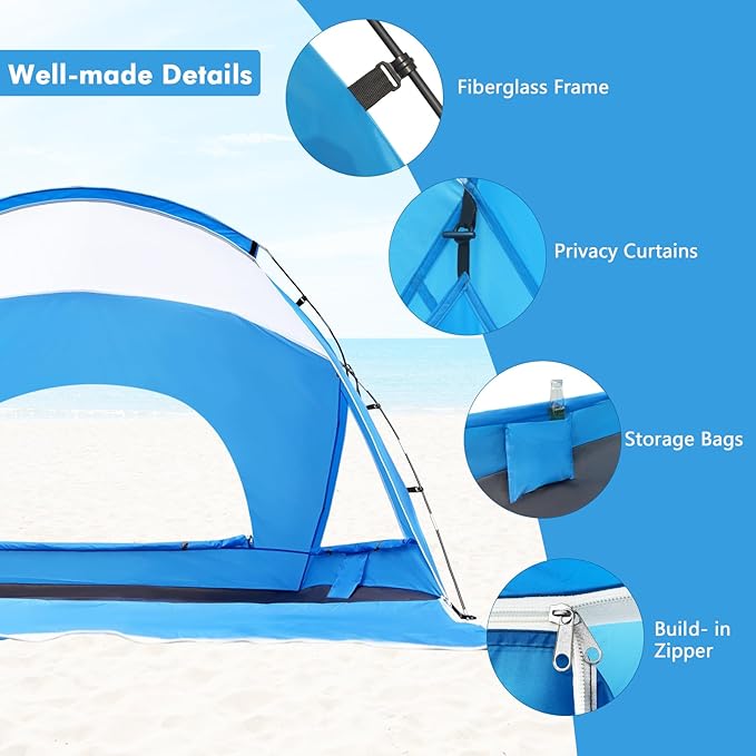 Beach Tent, Portable Sun Shelter for 2/3/4/6-8 Person with UPF 50+ UV Protection, Easy Setup Waterproof Beach Shade Canopy Cabana for Family Outdoor and Picnics, Fishing with Carrying Bag