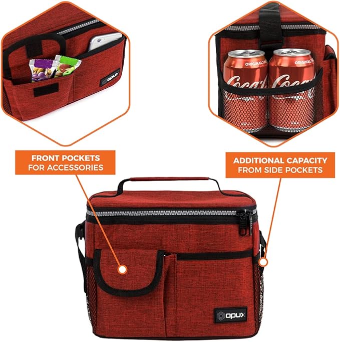 opux Insulated Lunch Bag for Men Women, Leakproof Heather Red Lunch Box for Work, Portable Soft Lunch Cooler Bag with Shoulder Strap, Adult Lunchbox Lunch Pail for Kid Boy Girl School, 14 Can/8L