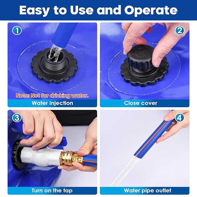 TooTaci 1000L/264Gal Large Capacity Water Storage Bladder, Portable Water Tank with Hose and 3/4" Adapters, for Garden Watering, Drought Resistance, Agricultural Irrigation