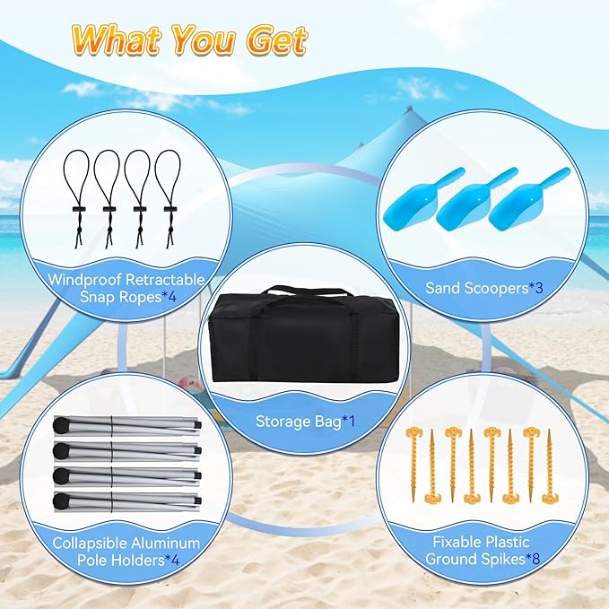 Beach Tent Sun Shelter,UPF 50+ Protection Sun Shade Canopy with 6 Sand Bags,4 Support Poles, Portable 13×20FT Outdoor Canopy Tent for Beach Camping,Fishing,Picnic (Light Blue)