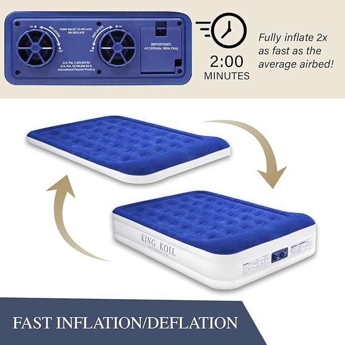 King Koil Luxury Queen Air Mattress with Built-in Pillow & Ultra-Fast Built-in High-Speed Pump, 20″ Inflatable Premium Airbed, Waterproof, Adjustable Firmness, 1-Year Manufacturer Warranty