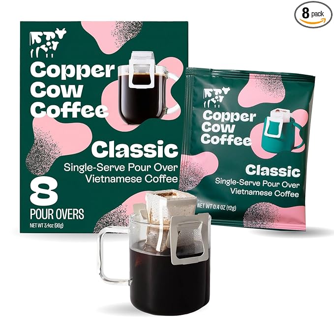 Copper Cow Premium Pour Over Single-Serve Vietnamese Coffee | Classic Black | Includes 8 coffees