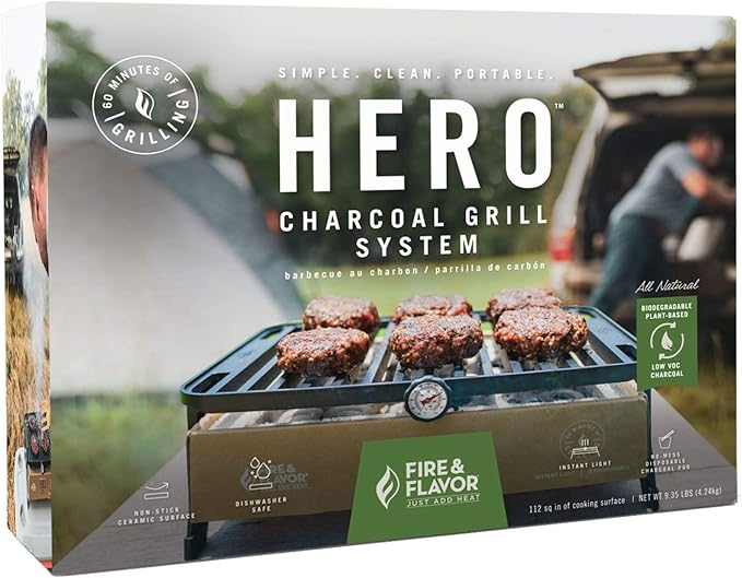 Fire & Flavor Hero Grill System - Ultra-Portable Grill for Camping, Tailgating, and BBQ on the Go - Tabletop Charcoal Grill Set Comes with Spatula, Thermometer, and Cutting Board