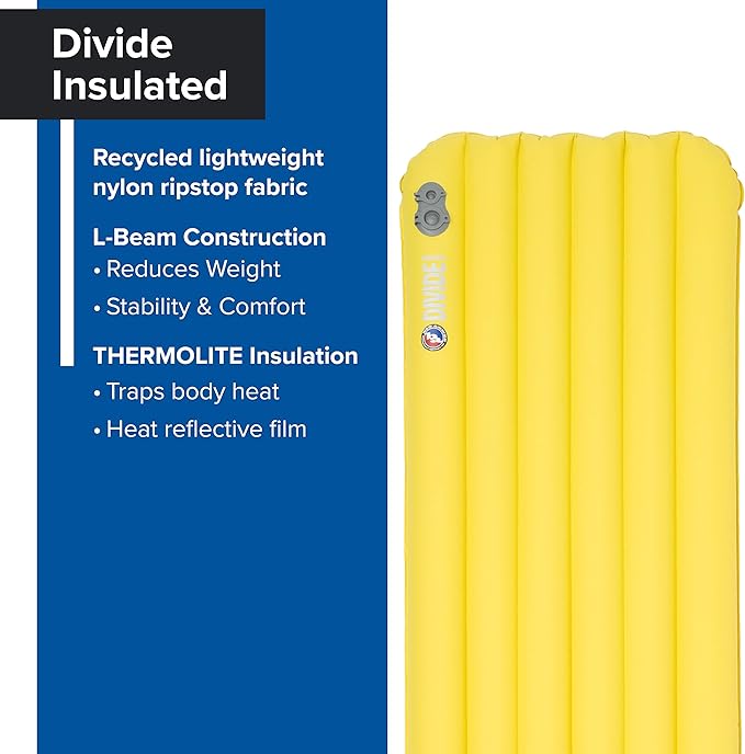 Big Agnes Divide Insulated | Lightweight, Compact, 3-Season Air Chamber Sleeping Pad, Wide Long, Warm Olive