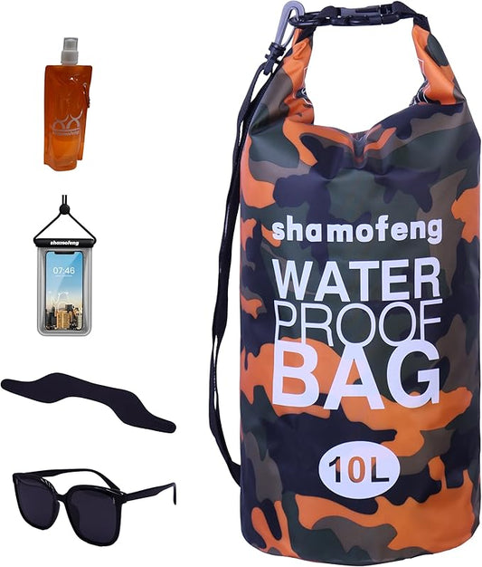 Waterproof Dry Bag Combo 5-30L Roll Top Dry Storage Bag Backpack for Kayaking Boating Beach Camping Travel Fishing, w/Phone Case & Collapsible Water Bottle & Sunglasses & Ear Band,Orange 5L