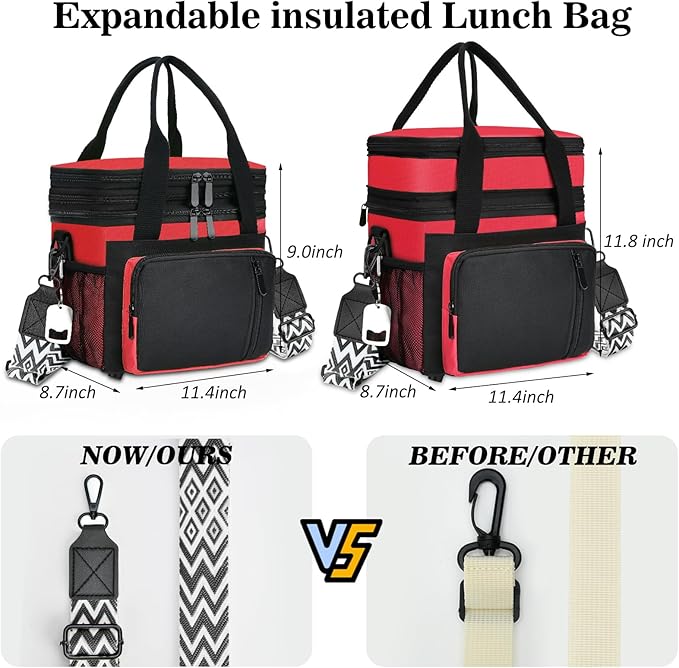 LOKASS Lunch Box for Women/Men-16L-Insulated Lunch Bag, Expandable Double-layer Leakproof Cooler Bag with Upgrade Adjustable Shoulder Strap Ideal for Work/Travel/Picnics（Red&Black）