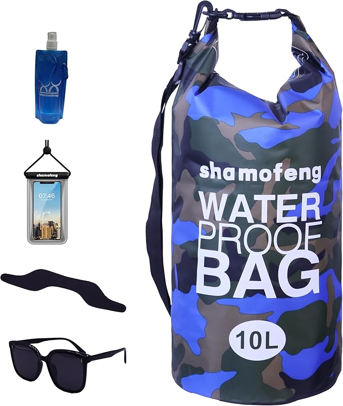 Waterproof Dry Bag Combo 5-30L Roll Top Dry Storage Bag Backpack for Kayaking Boating Beach Camping Travel Fishing, w/Phone Case & Collapsible Water Bottle & Sunglasses & Ear Band,Blue 20L