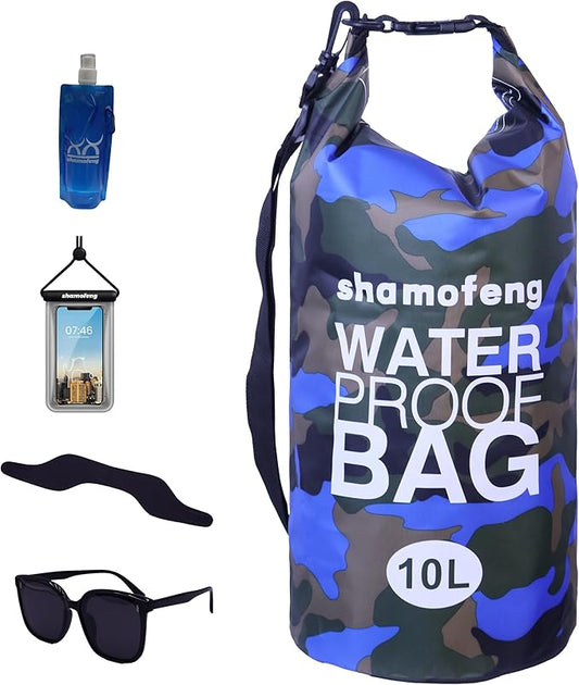 Waterproof Dry Bag Combo 5-30L Roll Top Dry Storage Bag Backpack for Kayaking Boating Beach Camping Travel Fishing, w/Phone Case & Collapsible Water Bottle & Sunglasses & Ear Band,Blue 10L