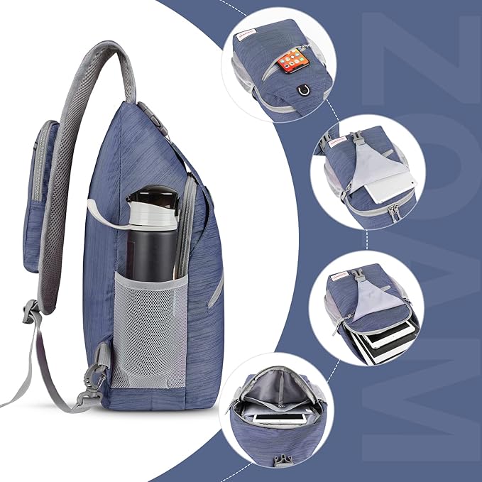 ZOMAKE Sling Bag for Women Men, Small Crossbody Sling Backpack, Mini Water Resistant Shoulder Daypack for Travel, Anti Thief Chest Bag for Hiking, Sports, Navy Blue(Stripe)