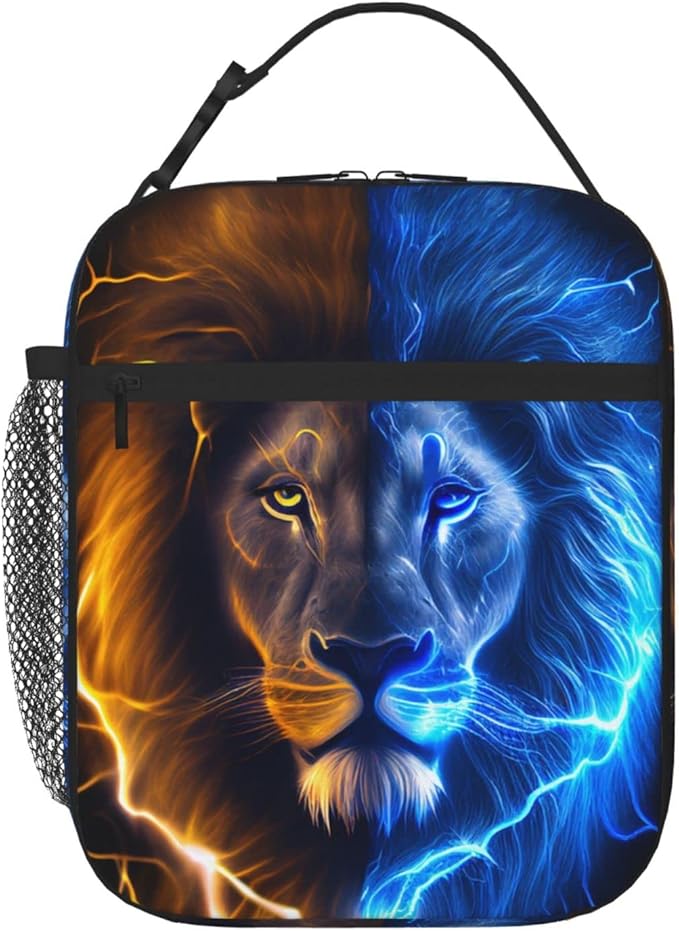 SARA NELL Cool Lion Insulated Lunch Bag Ice and Fire Lion Lunch Cooler Box for Women Men Teens Kids, Reusable Lunch Tote Bag, Thermal Insulated Lunch Bags for Work, Picnic, School or Travel
