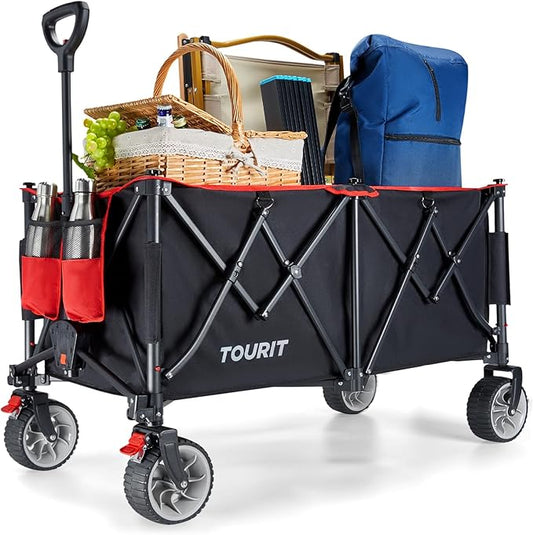 TOURIT 260L Collapsible Foldable Wagon with 330lbs Weight Capacity, Heavy Duty Folding Utility Garden Cart, Beach Wagon with Big All-Terrain Wheels & Drink Holders, Black