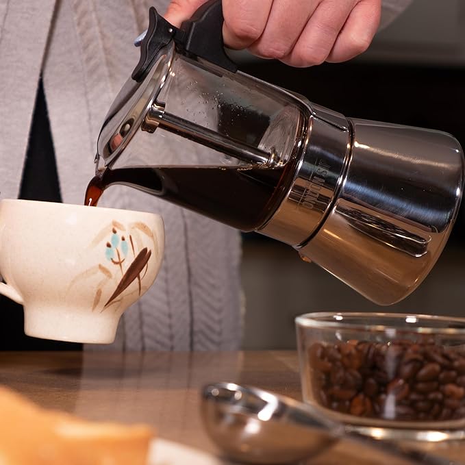 London Sip Glass and Stainless Steel Stovetop Espresso Maker Moka Pot Italian Coffee Percolator, Glass, Small (5.07 oz)
