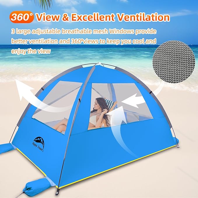 Happy Travel Beach Tent, UPF 50+ UV Protection Sun Shade Shelter for 3/4/5/6/7/8 Person, Portable Beach Canopy for Family & Baby, Lightweight & Easy Setup Beach Cabana with 3 Ventilation Mesh Windows
