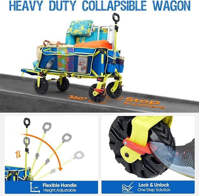 300lbs Extra Long 49" L Beach Wagon with Big Wheels with Brake for Sand, Collapsible Utility Beach Cart Heavy Duty Folding Wagon,Ideal for Outdoor Sand Camping Garden Pet
