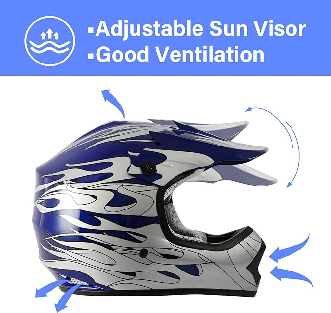 TCT-MOTORPARTS DOT Youth Kids Motocross ATV Four Wheeler Riding Racing Helmets Offroad Street Dirt Bike Go-Kart BMX MX Full Face Helmet Blue Flame Samll Size