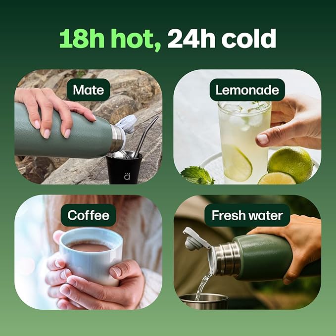 KALMATEH Thermal Double Walled Vacuum Insulated Stainless Steel Beverage Bottle 760ml, Precise Pouring & Heat Retention For Coffee, Tea, Yerba Mate and Camping