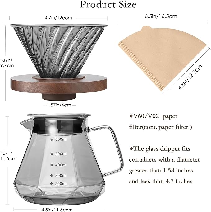 Pour Over Coffee Maker, 20 oz Borosilicate Glass Carafe with 100 pcs V60 Paper Filter, Walnut Handle & Glass Lid, Drip Coffee Maker for Home Café Restaurant Camping, 600 ml, Gray