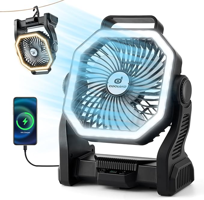 Odoland Camping Fan with LED Lantern, 20000mAh Rechargeable Battery Operated Fan, Portable Outdoor Light with Rotation Hook for Picnic Power Outage Hurricane Emergency Home Patio, Black
