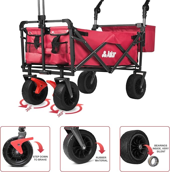 Collapsible Canopy Wagon - Heavy Duty Utility Outdoor Garden Cart - with Adjustable Handles , for Shopping, Picnic, Camping, Sports - Red