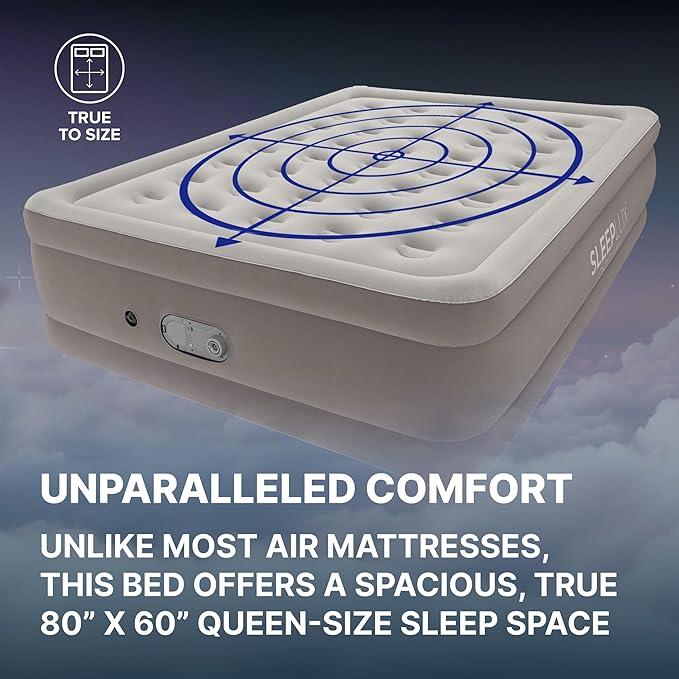 SLEEPLUX Dream Luxury Queen Air Mattress, Built-in Dual Pump, Stays Inflated All Night, 18” Double-High Blow-Up Airbed with Coil Beams, for Guests, RV Camping & Home, 1-Year Warranty