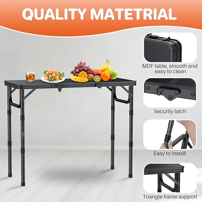FUNYKICH 3ft Camping Folding Table with 3 Adjustable Height, Portable Picnic Tables, 34.2'' Lx15.7'' W Lightweight Aluminum Outdoor Table with Carry Handle for Camping, Picnic, Backyard, BBQ, Black