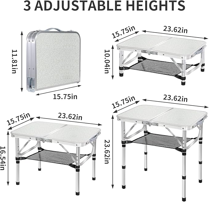 Small Folding Camping Table, 3 Heights Adjustable Portable Camp Table, 2Ft 24''L x 16''W Aluminum Foldable Picnic Table with Mesh Layer, White Folding Table for Outdoor Indoor Beach BBQ